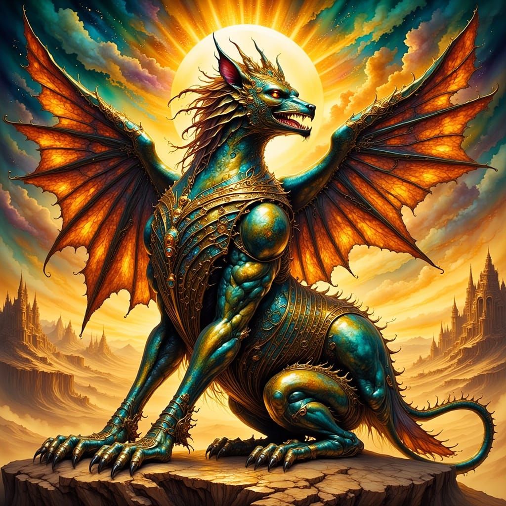 Majestic Hieracosphinx in Golden Desert Sunset