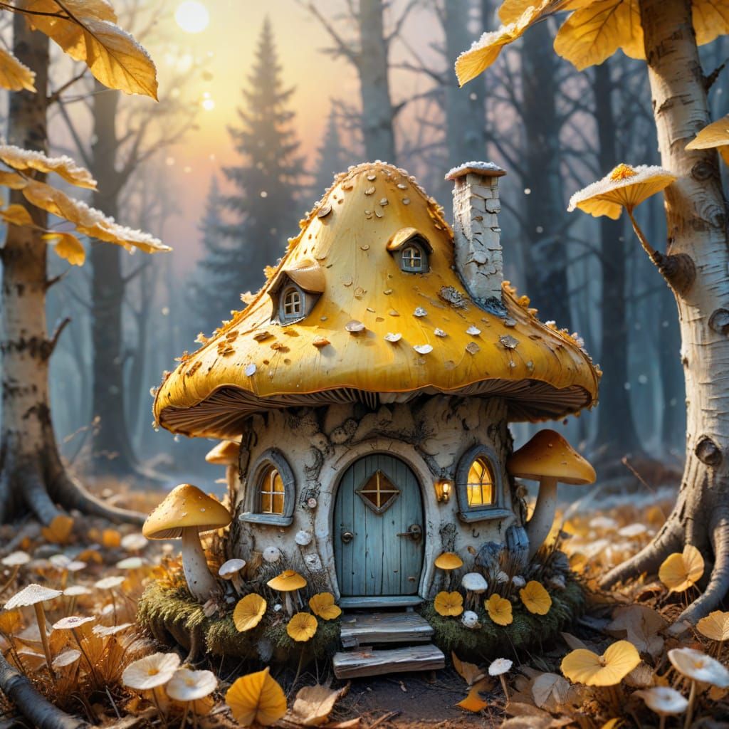 Fairy Tale Mushroom House at Sunset with Frost