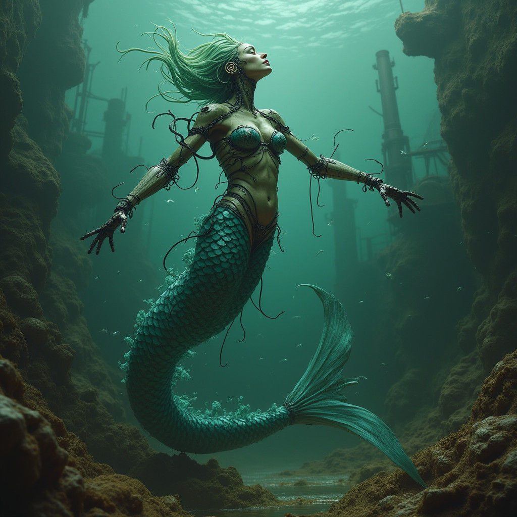 Dystopian Biomechanical Mermaid in Polluted Ocean