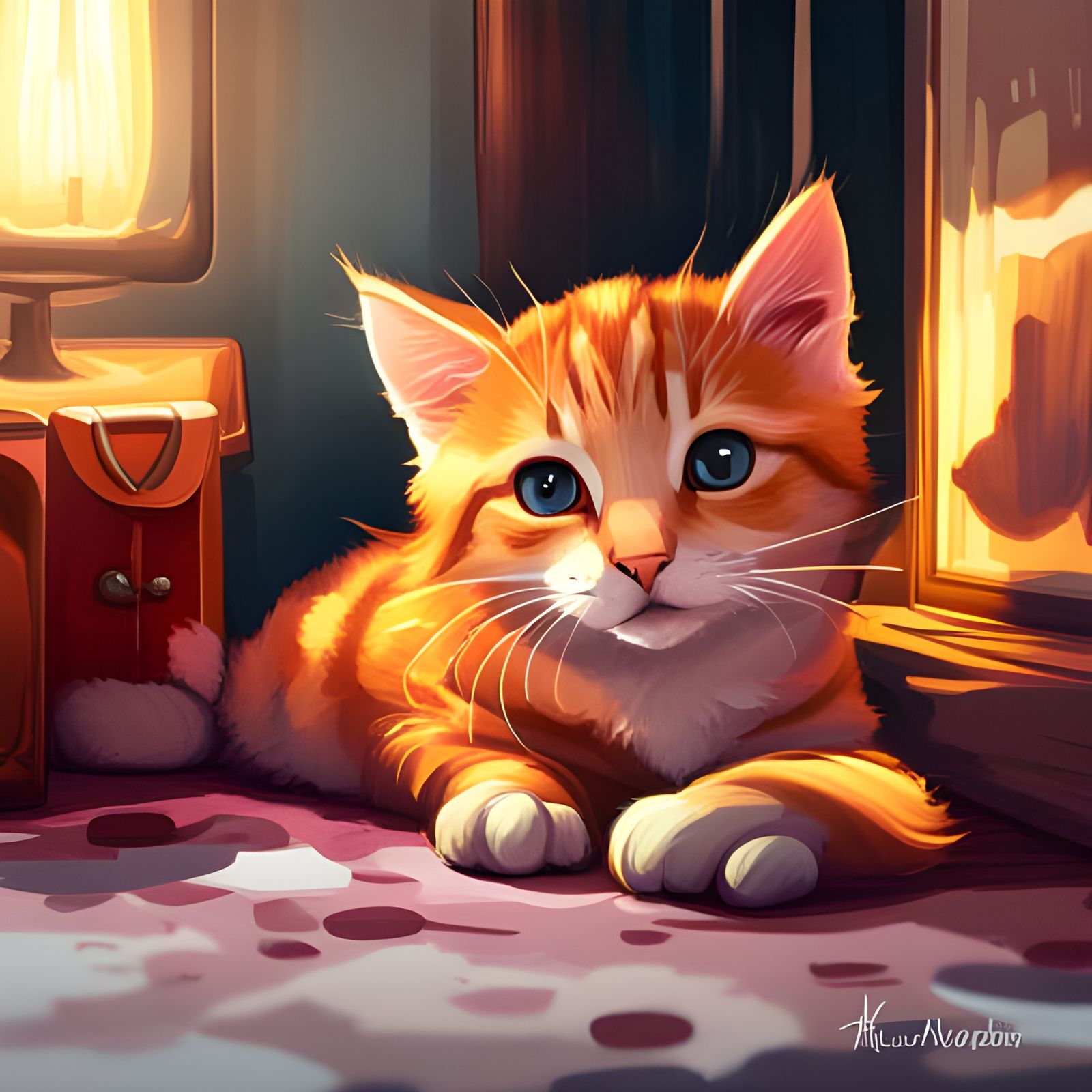 Cozy Orange Tabby Kitten Art in Detailed Fantasy Style