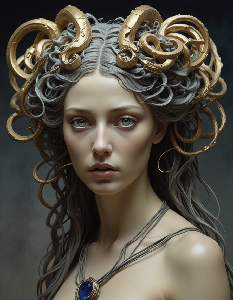 Medusa Goddess with Biomechanical Headdress in Dark Fantasy...