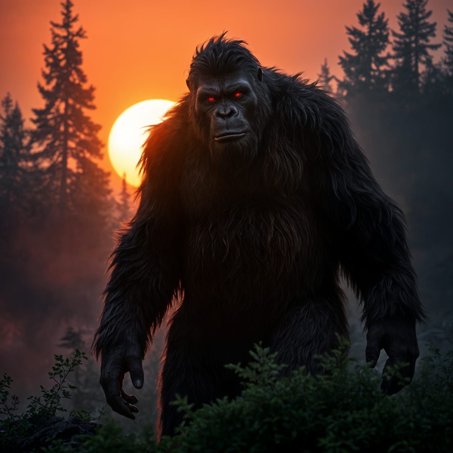 A massive, ancient bigfoot stands silhouetted against a fiery sunset, watching the viewer from within the thick forest e...