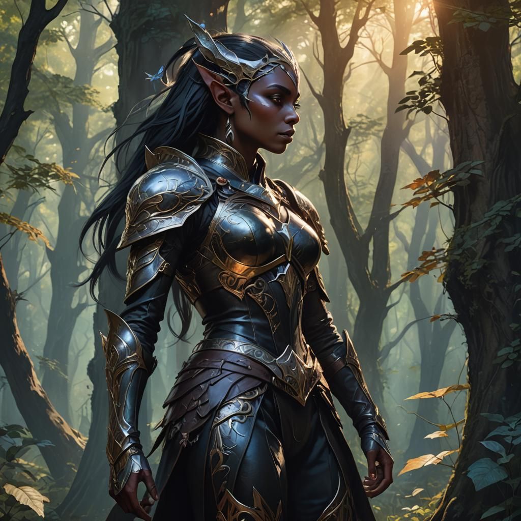 Dark Elf Portrait in Mysterious Forest, Art Nouveau Style