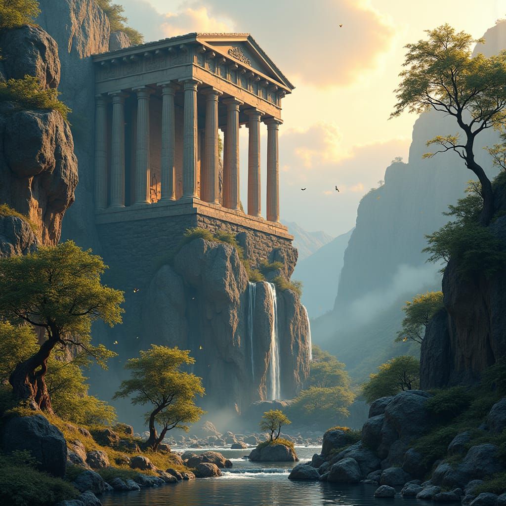 Athena Temple Ruins on Misty Mountain, Fantasy Art