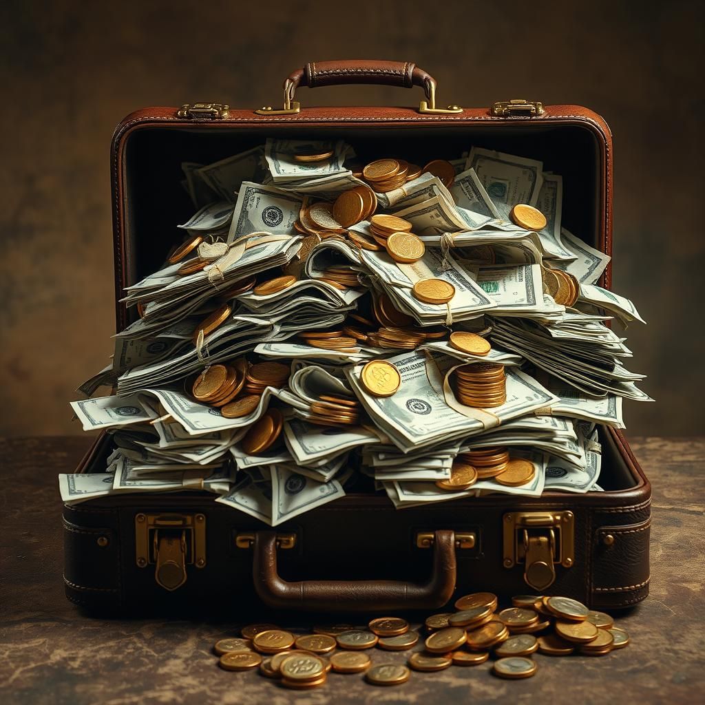 Vintage Briefcase Overflowing with Cash in Dramatic Lighting