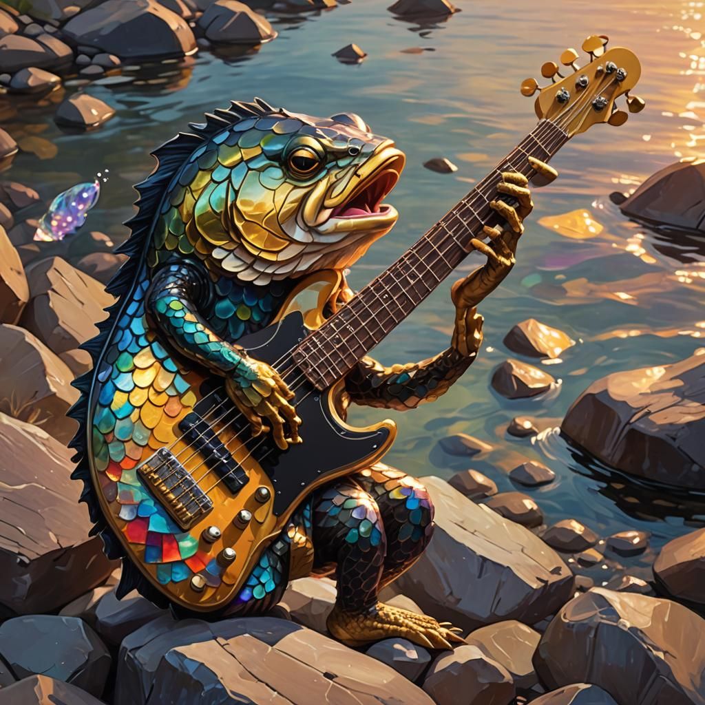 Bass Fish Shreds Guitar: Vibrant Oil Painting
