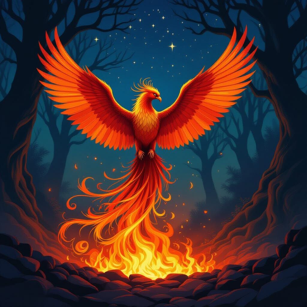 Majestic Phoenix Rises from Embers in Mystical Forest