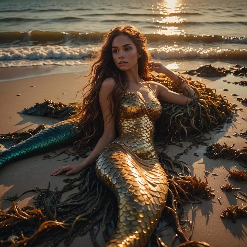 Cinematic Mermaid Stranded on Beach at Sunset