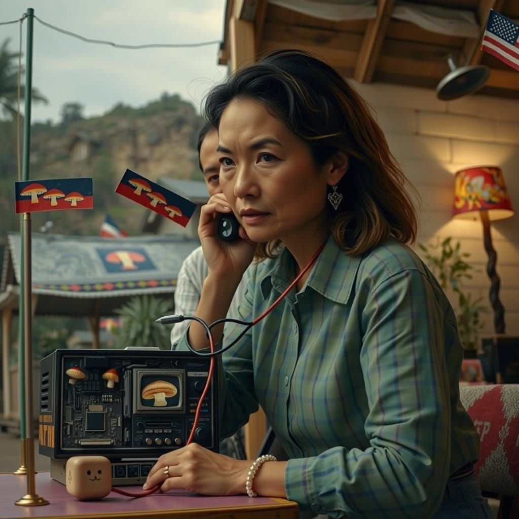 Surreal Repair Scene with Mushroom Accents