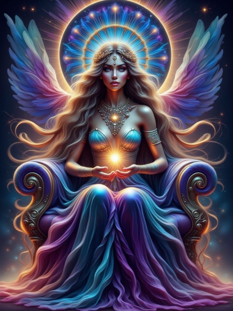 Celestial Goddess Holding Star on Cosmic Throne