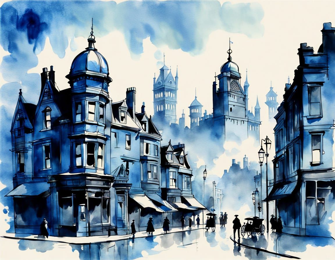 Blue Victorian Cityscape in Ink Wash Style