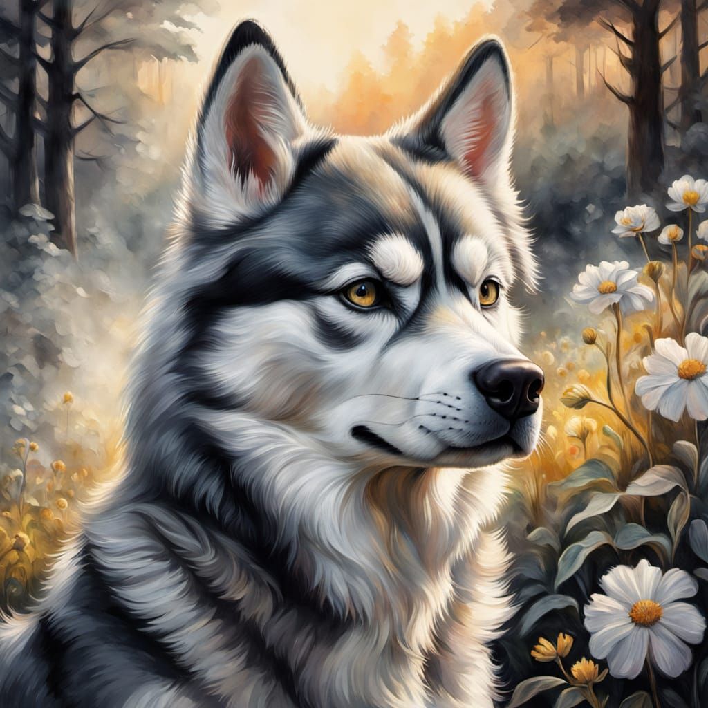 Husky in Summer: Ethereal Impressionist Charcoal Drawing