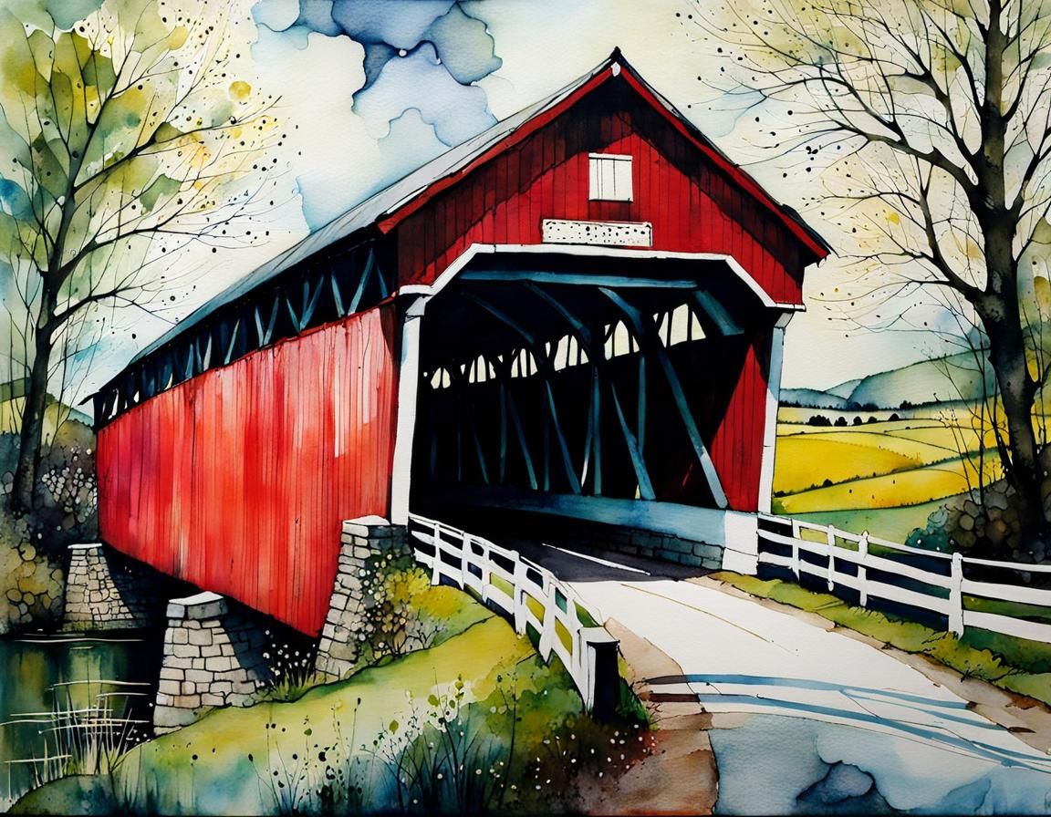 Covered Bridge in Spring: Encaustic Alcohol Ink Painting