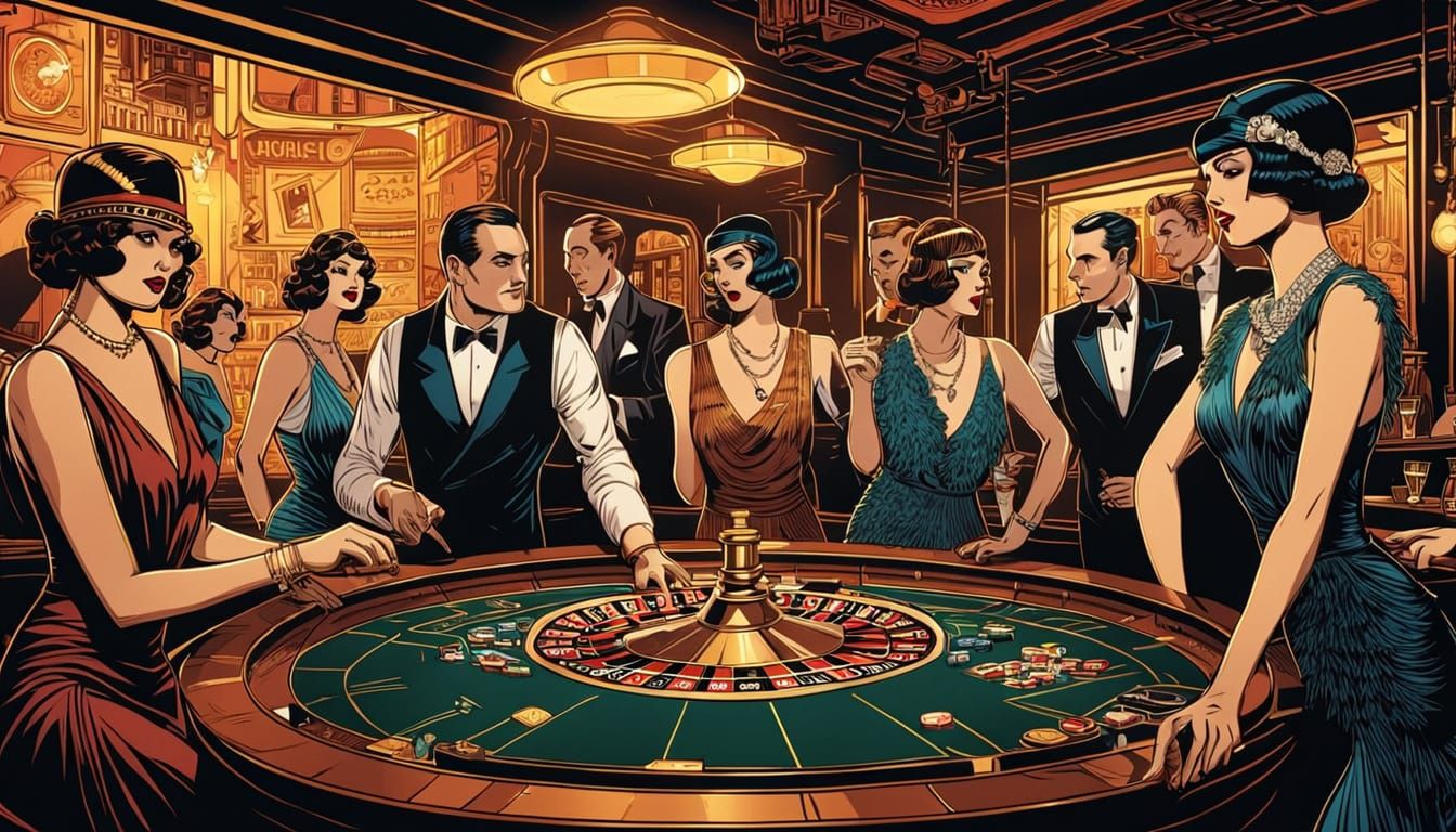 Art Deco Speakeasy with Gamblers in Comic Book Style