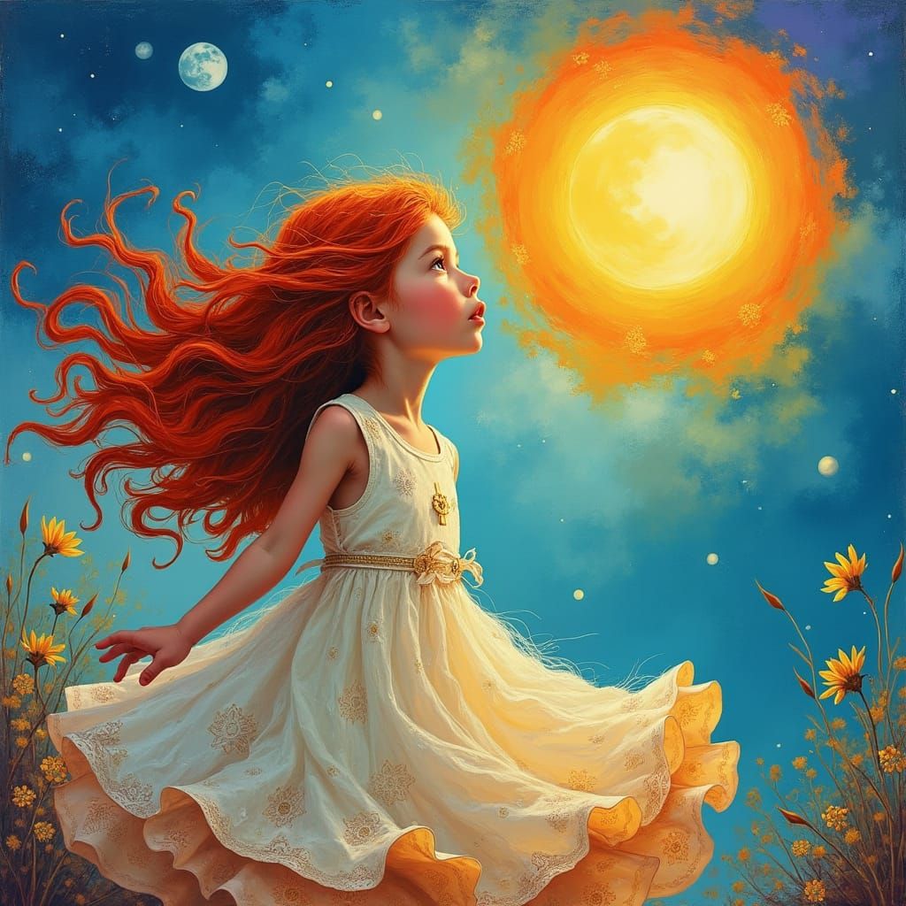 Girl Gazing at Sun and Moon: Expressionist Art