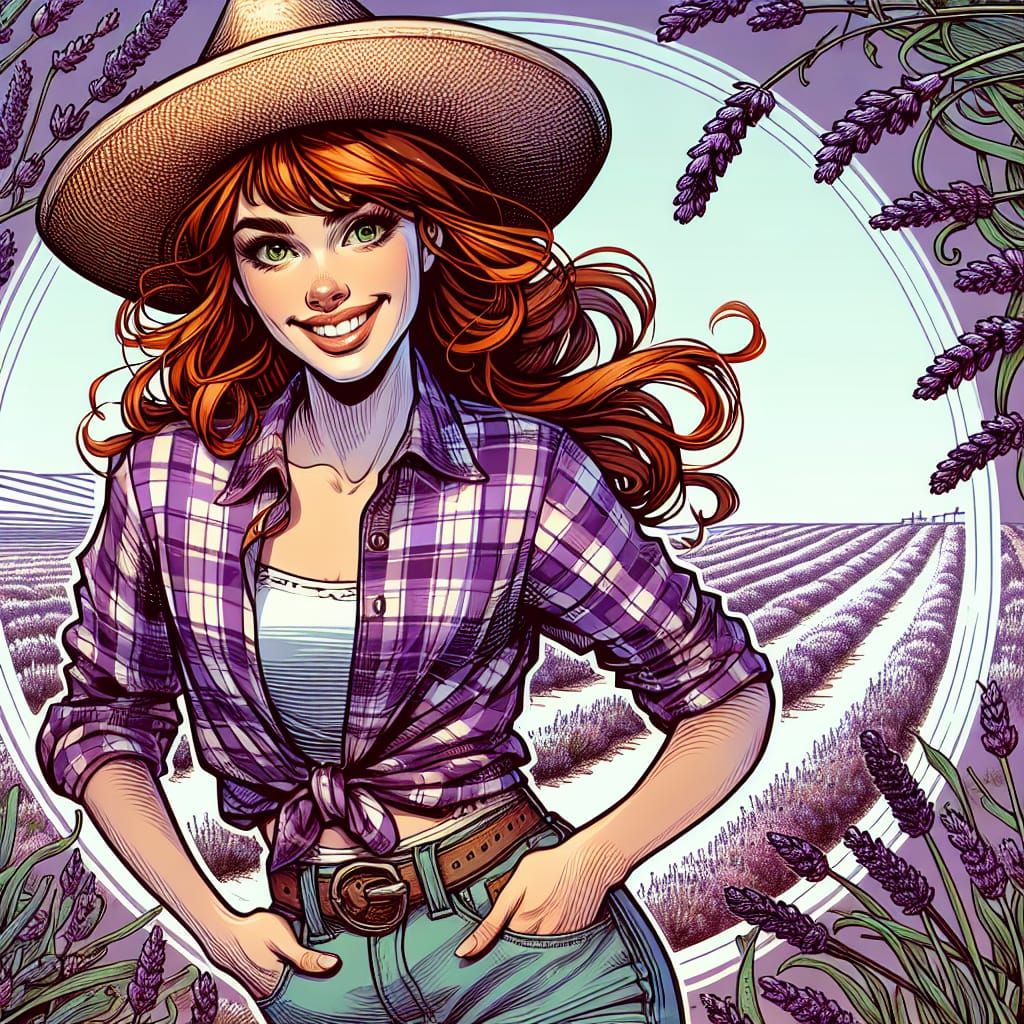 Cowgirl in Lavender Field, Art Nouveau Illustration