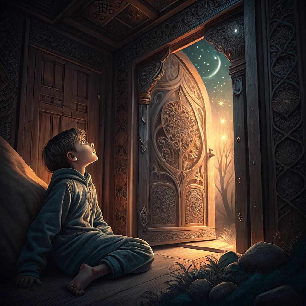 Boy Finds Ornate Doorway: Arabian Nights Dreamscape