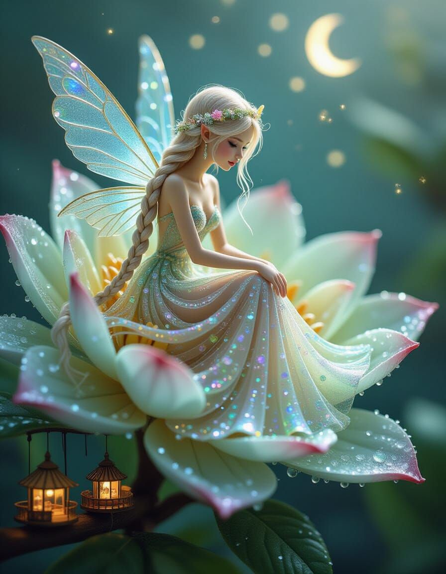 Tiny Fairy with Dewdrop Hair and Glass Dress on Bioluminesce...