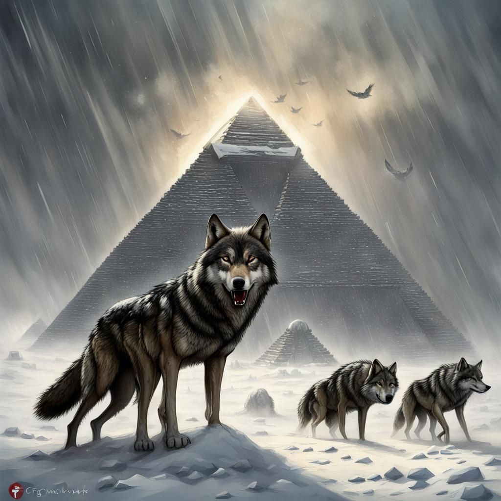 Snowy Egyptian Pyramid with Wolves, Sinister Art