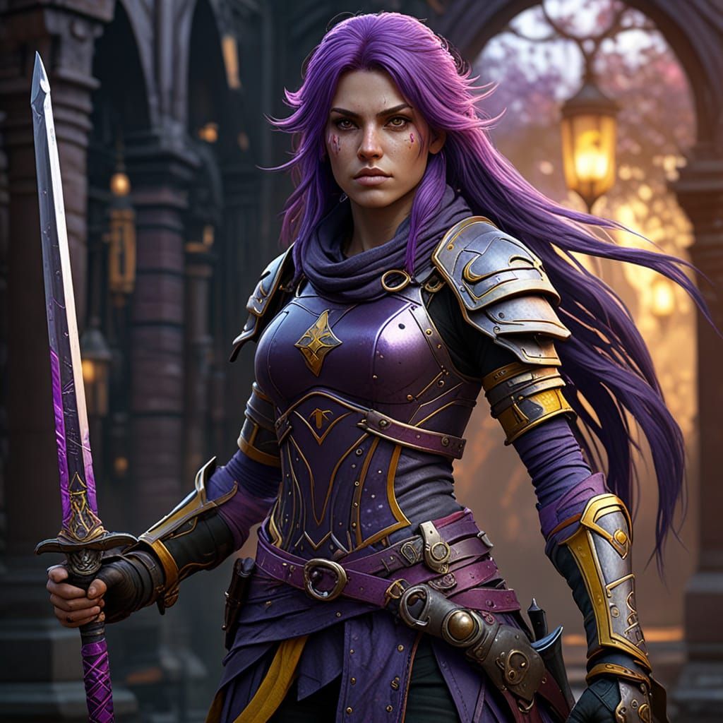 Dark Fantasy Warrior in Vibrant Purple Hues, Masterpiece Con...