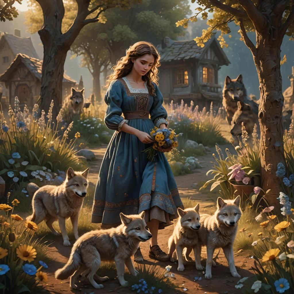 Woman Picking Flowers with Wolf Pups: Matte Painting