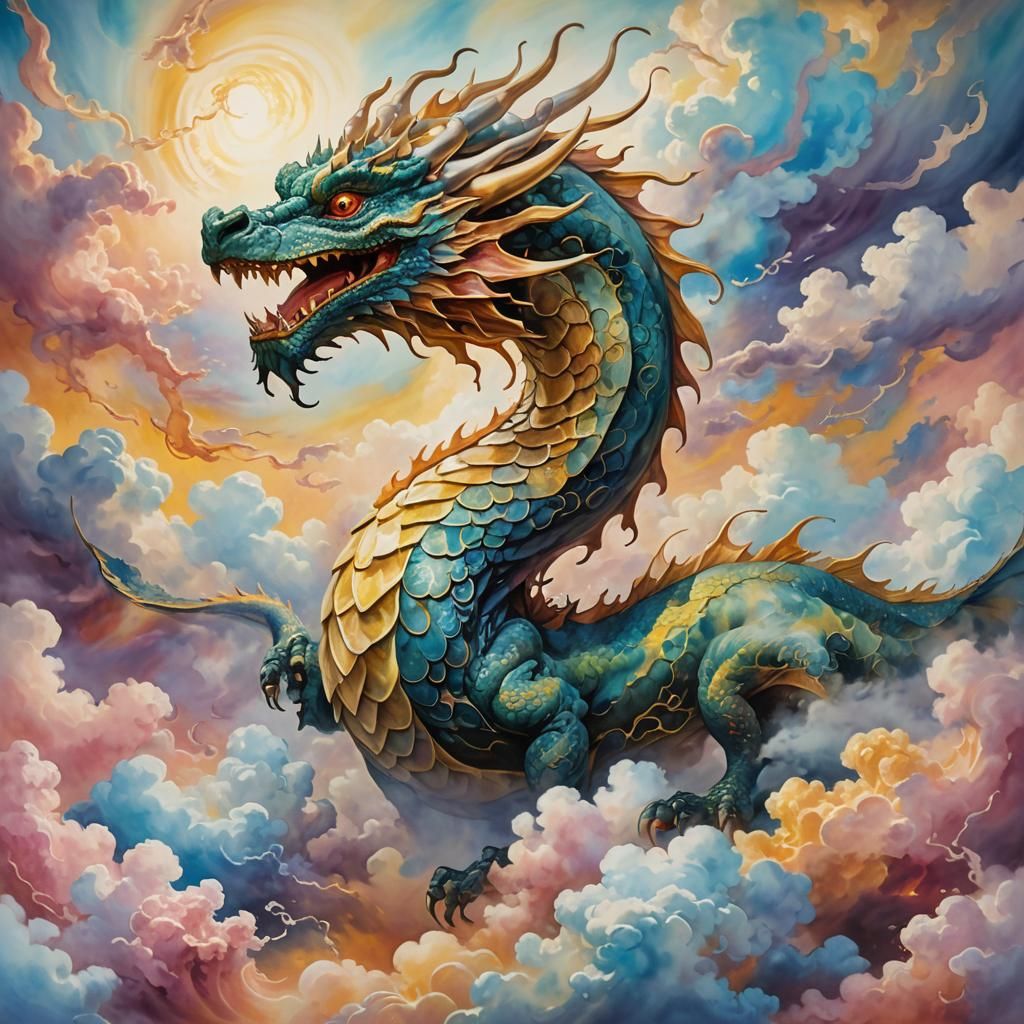 Pastel Cloud Dragon in Mixed Media Style