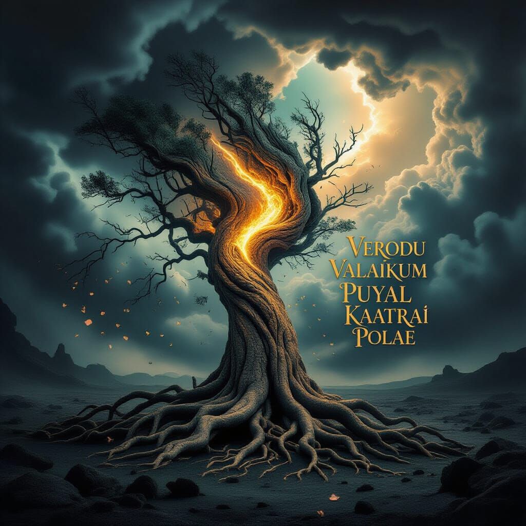 Surreal Tree in Stormy Landscape - Poetic Art