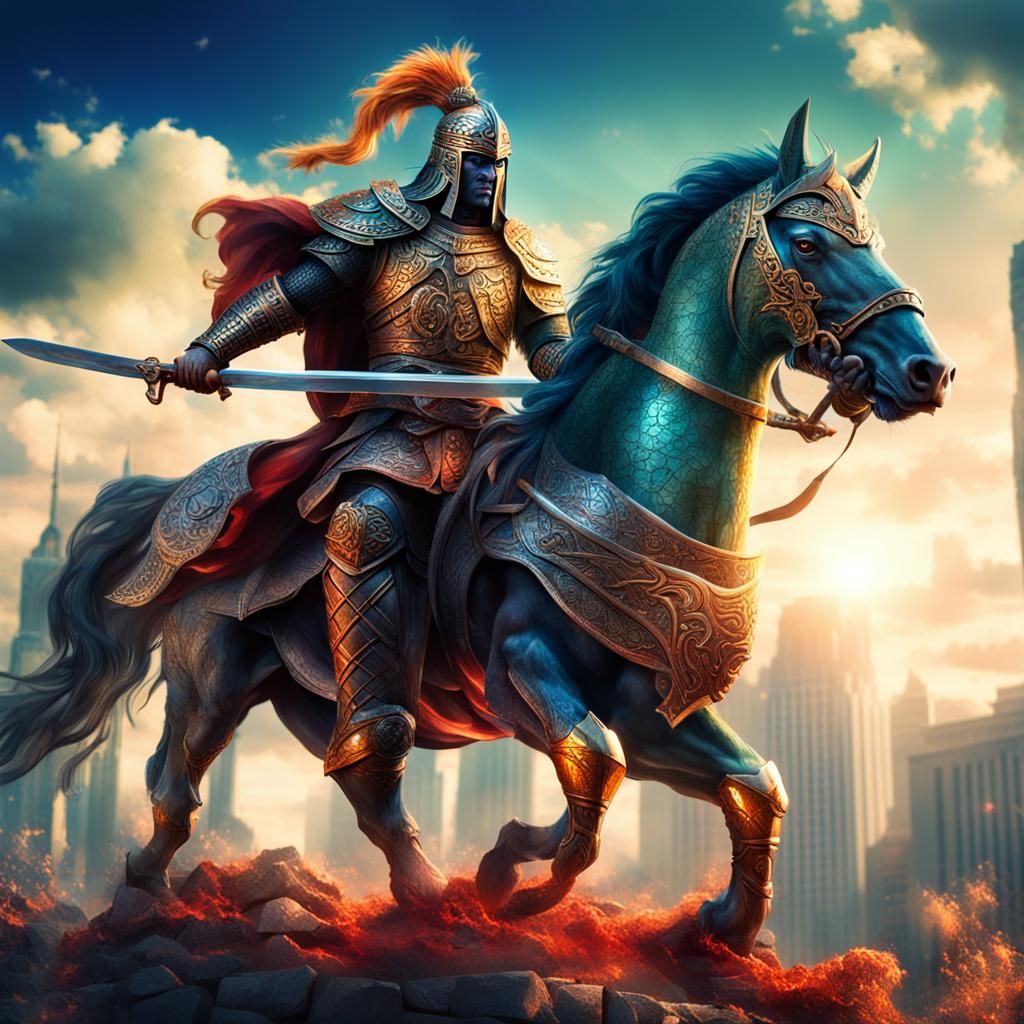 Mythical Warrior with Magical Sword in Bright City