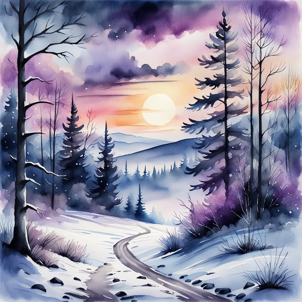 Dreamy Watercolor Winter Landscape with Synthwave Hues