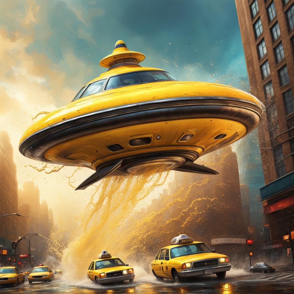 Hyperrealistic Yellow Cab and Flying Saucer Splash Art