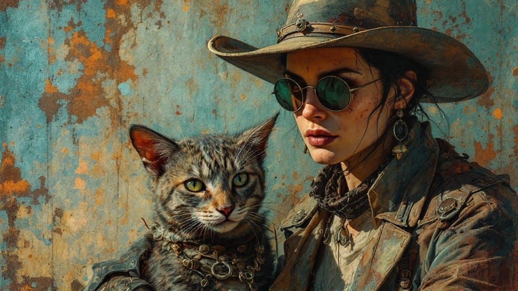 Aged Copper Patina Painting of a Young Girl with a Weathered...