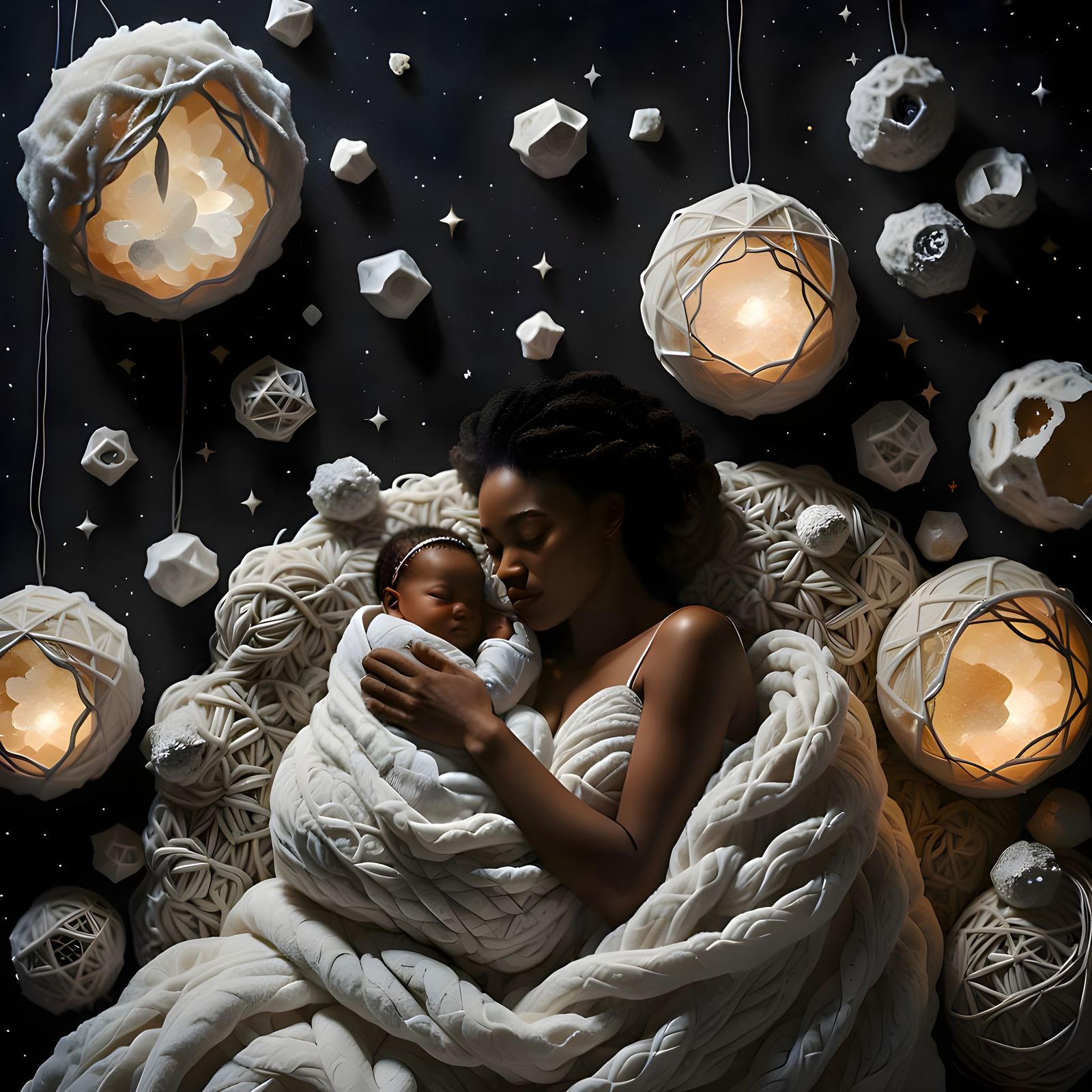 Serene Mother and Child in Dreamlike Yarn Room