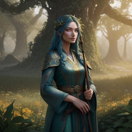 Mystical Mum with Runes in Fantasy Landscape