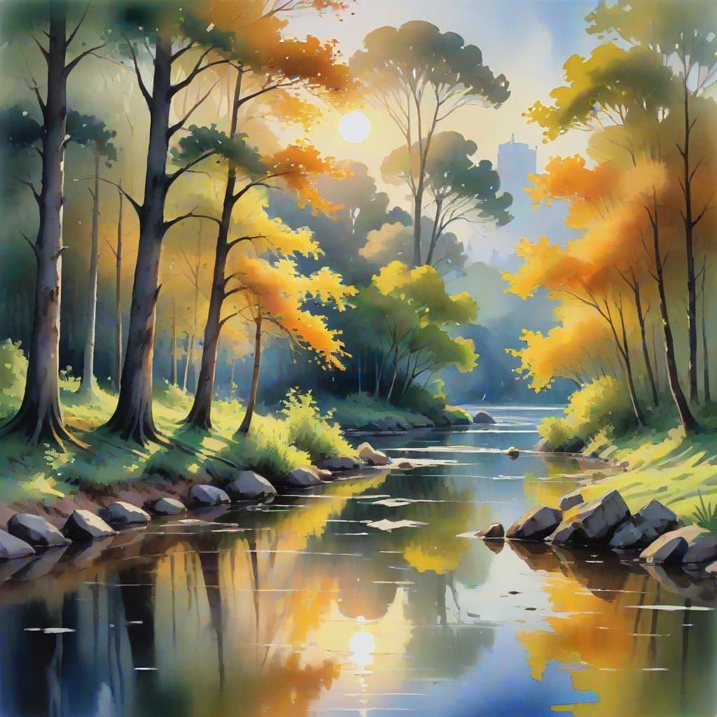 Golden Hour Sunrise in Impressionist Gouache Style