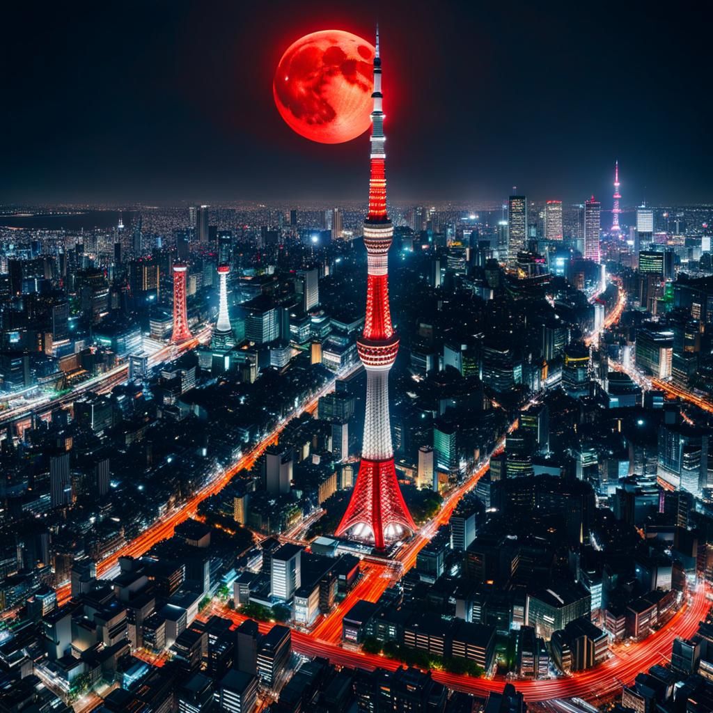 Tokyo Skytree and Red Moon: Digital Matte Painting