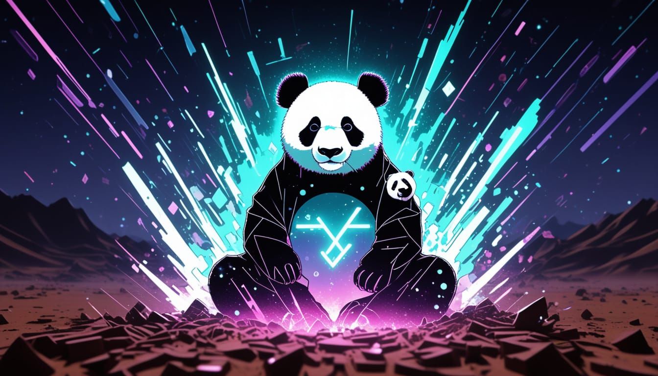 Surreal Panda in Glitchcore Desert Landscape