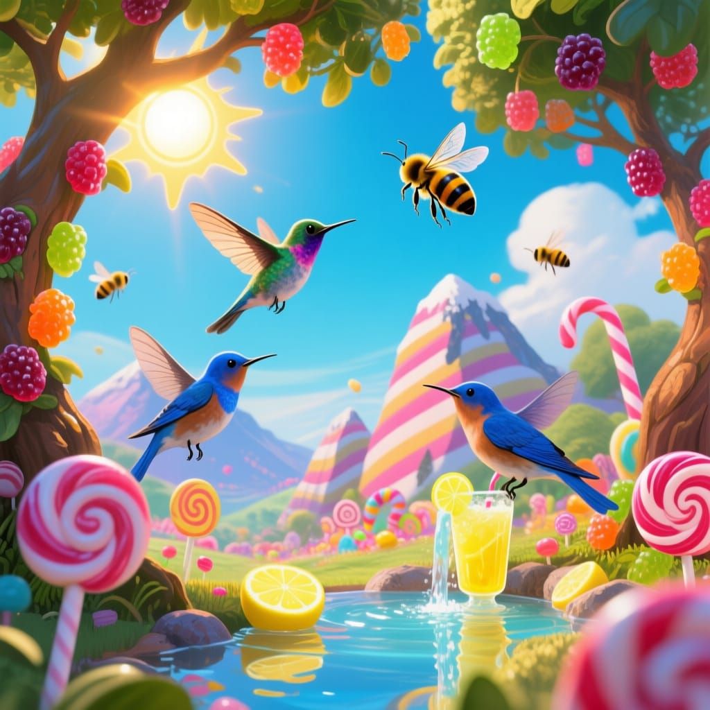 Gumdrop Trees and Candy Mountains in Whimsical Art Style