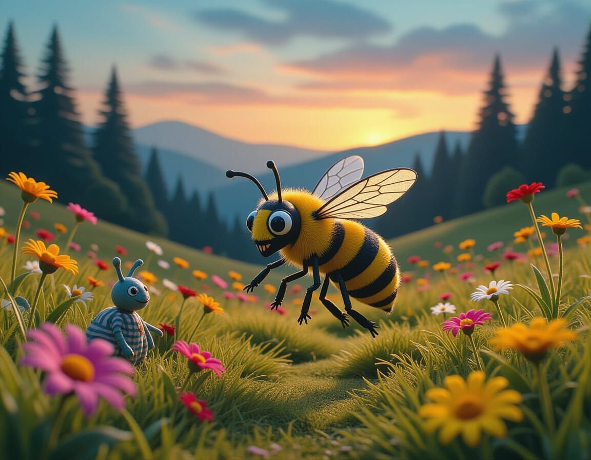 Sleepy Marionette Bee in Tim Burton Landscape