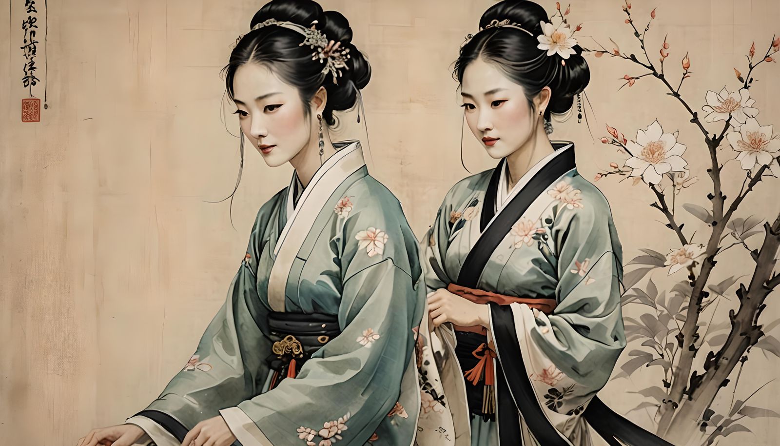 Gongbi Painting of Woman in Traditional Chinese Clothes