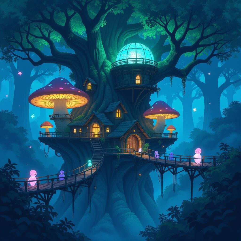 Ancient Treehouse City in Bioluminescent Forest