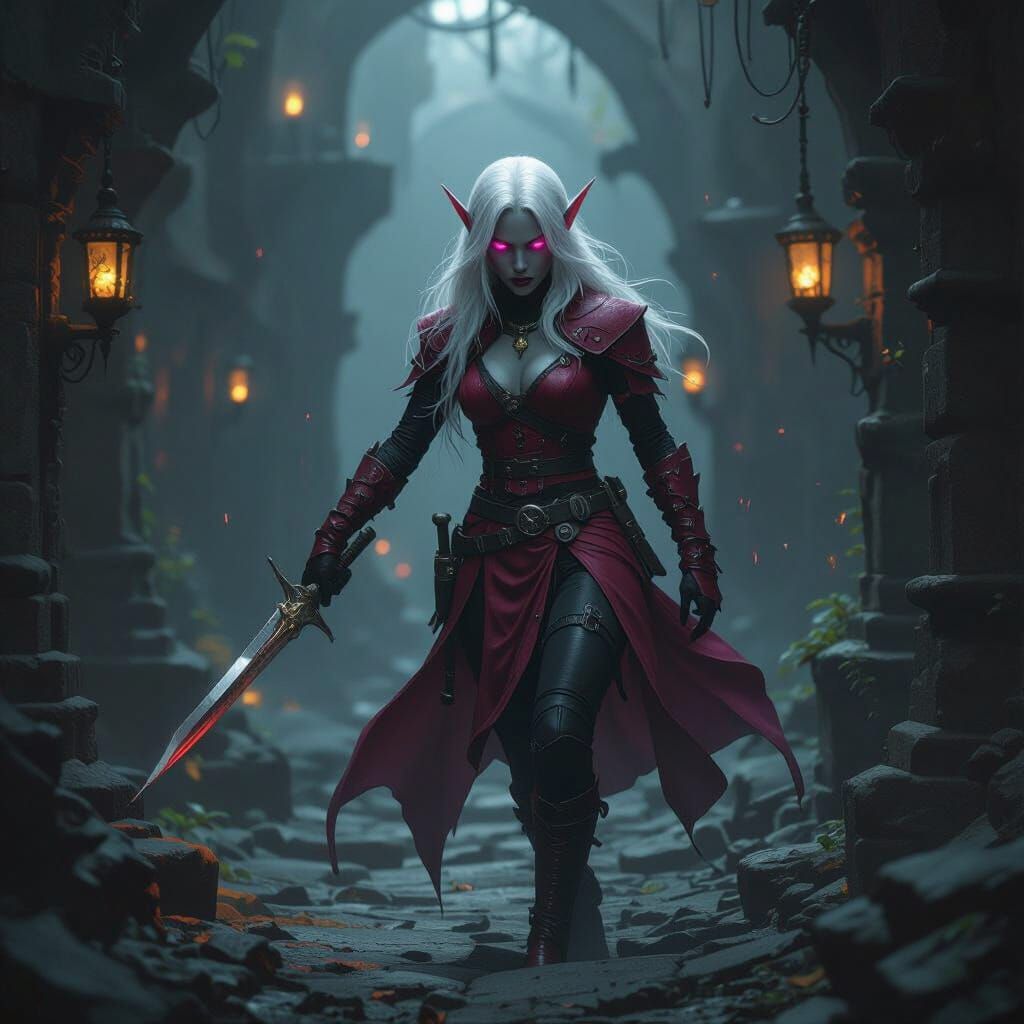 Drow Elf Lost in Forsaken City, Armed with Dagger