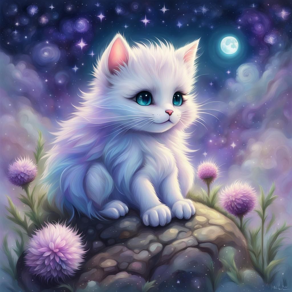 Pastel Cat Illustration with Hedgehogs and Starry Sky