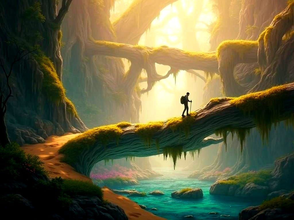 Surreal Forest Oasis with UFO Amidst Ancient Trees