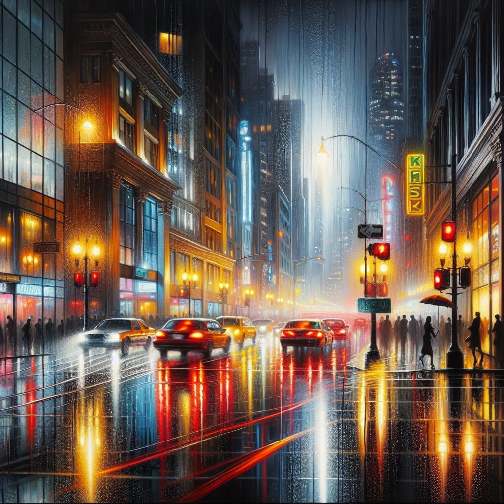 Rainy City Reflection in Photorealistic Style