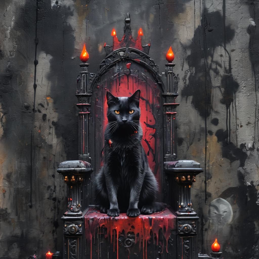 Gothic Cat King on Throne in Graffiti Art