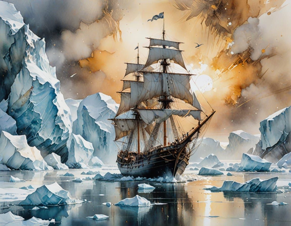 Ethereal Sailing Ship Amidst Icebergs in Soft Watercolour St...