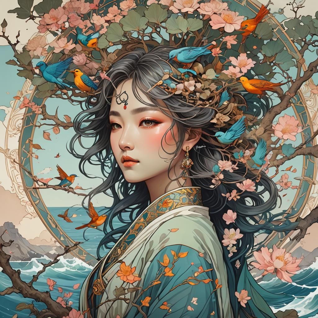 Art Nouveau Tree with Birds in Korean Style