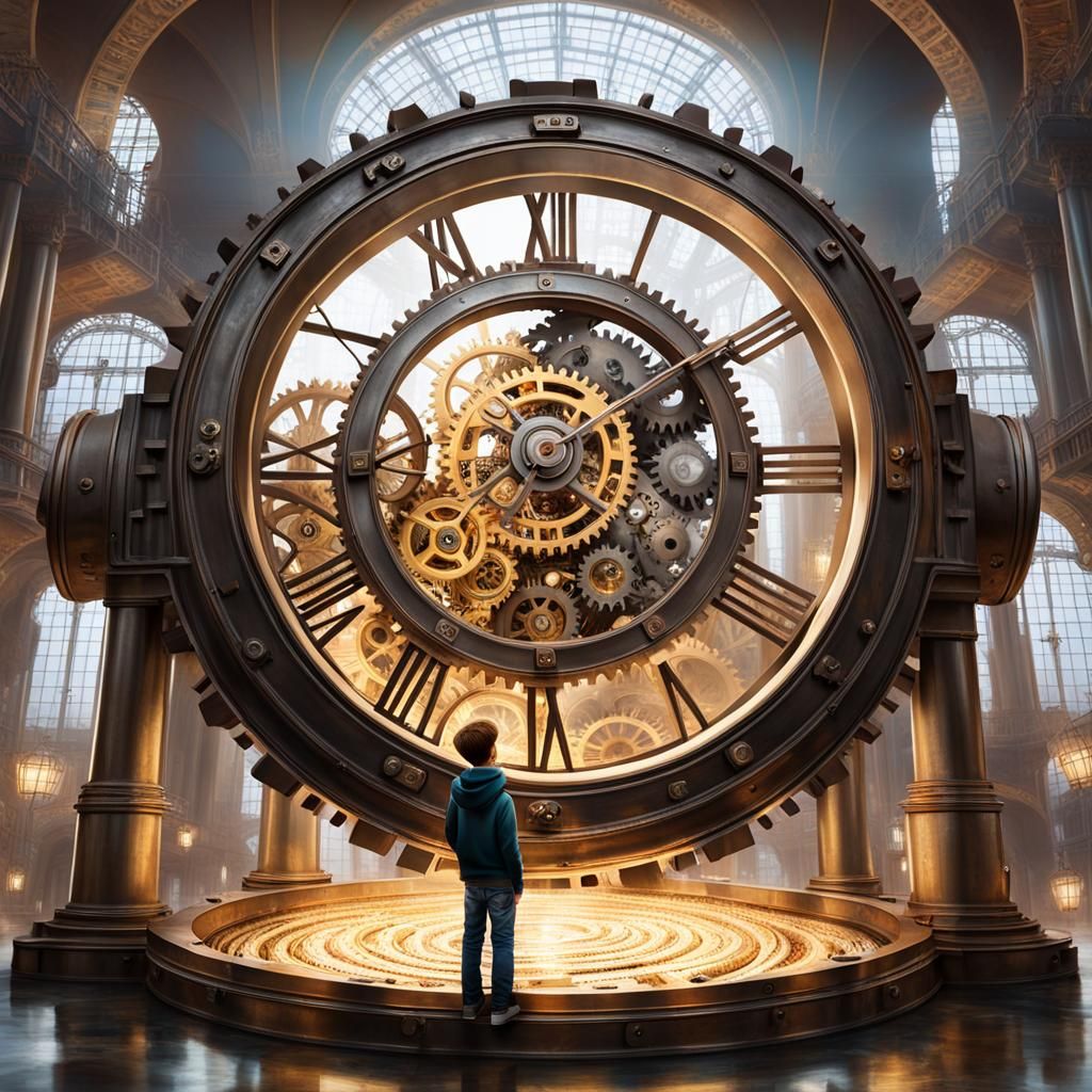 Boy in Giant Watch: Vivid Digital Art