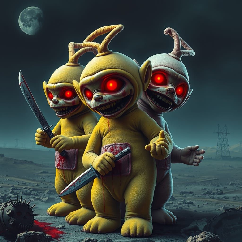 Twisted Teletubbies in Post-Apocalyptic Horror Scene