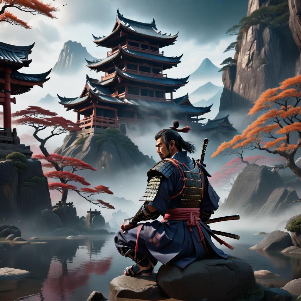 Lonely Samurai Contemplating Past in Detailed Matte Painting